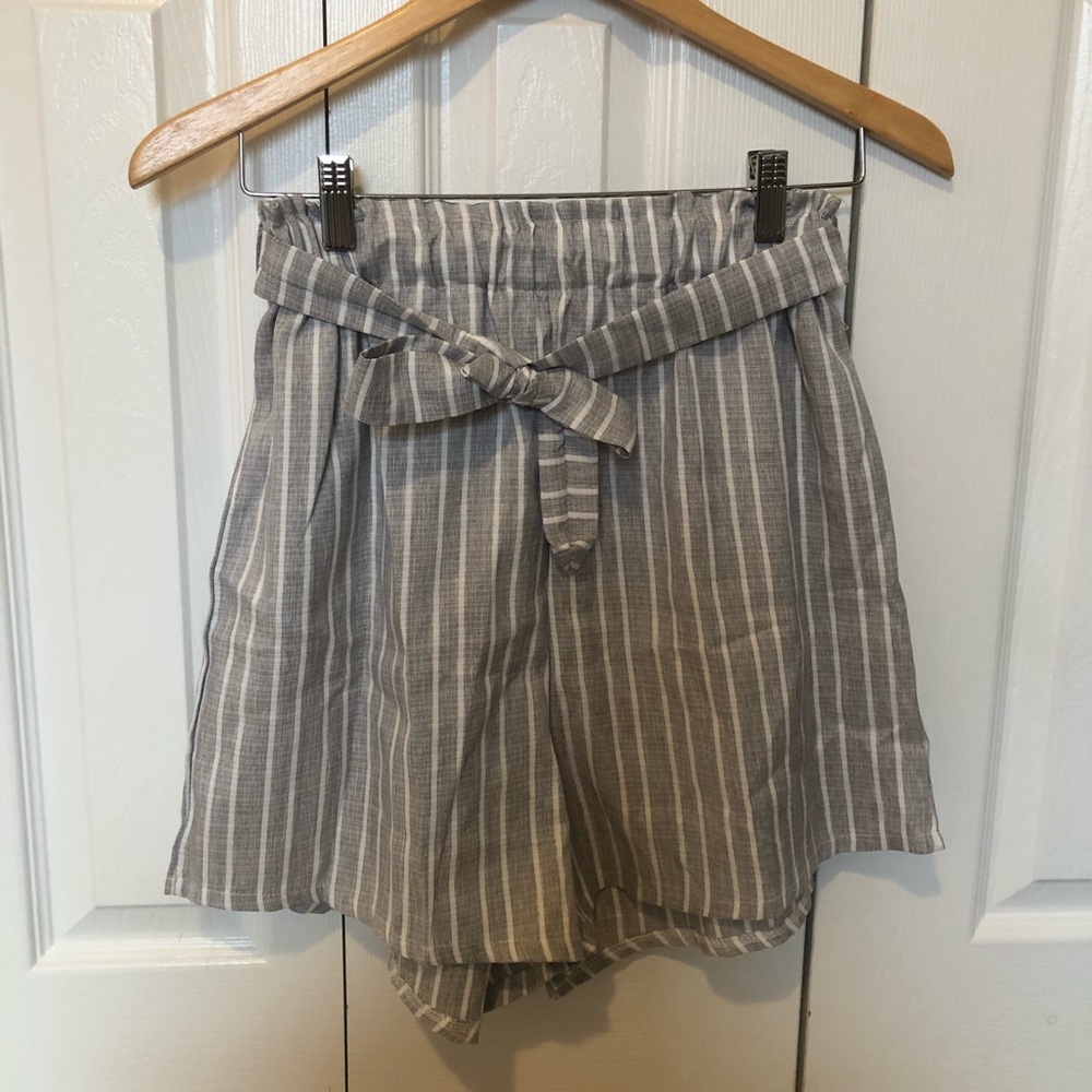 Grey and White Striped Shorts with Tie Waist
